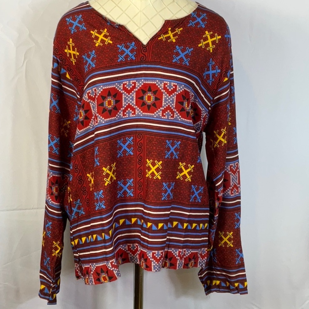 EARTHBOUND Long Sleeve Boho Top Size Medium Red and Blue Pattern